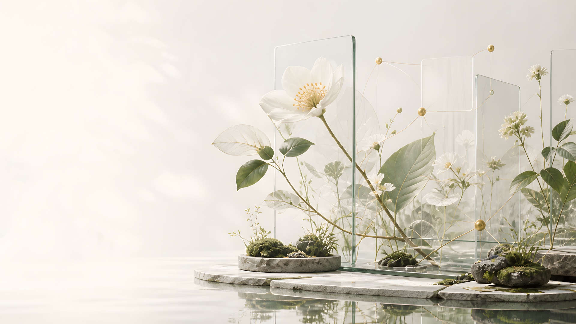 白花、苔藓与透明玻璃组成的数字内容花园